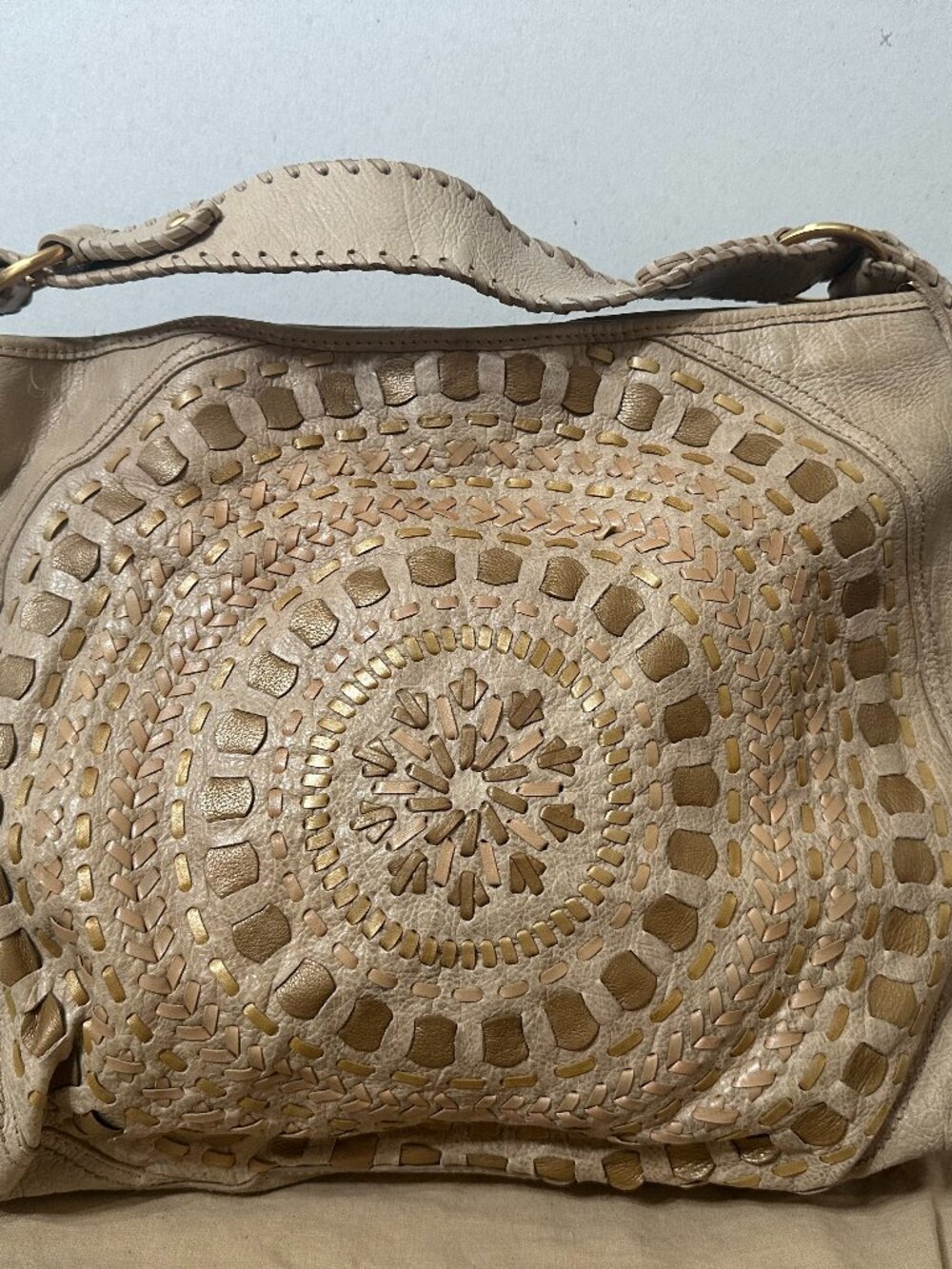 Isabella Fiore Laser Cut Mandala Woven Leather Hobo Taupe Gold Hardware